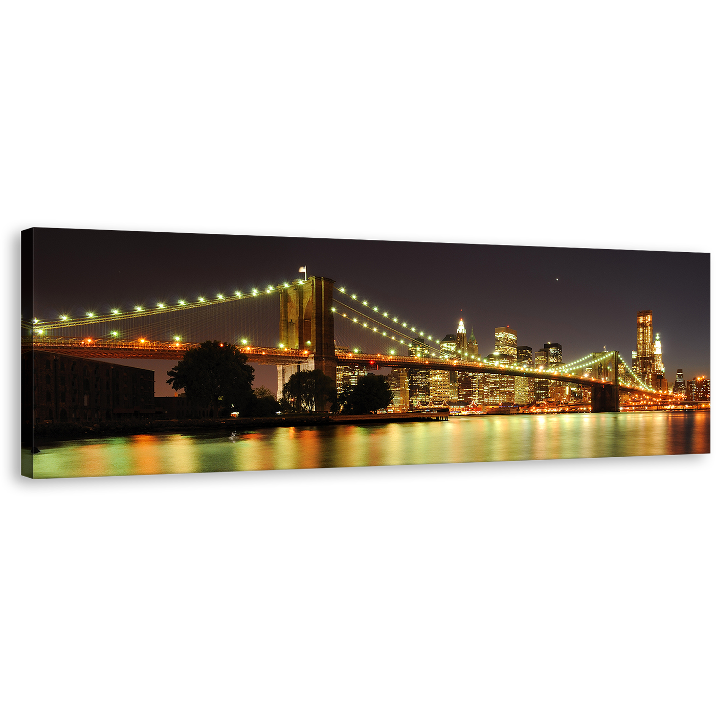 New York Canvas Wall Art, Grey Sky New York Skyline Panoramic Canvas Artwork, Brooklyn Bridge Illuminated at night Canvas Set, Yellow City Bridge Lights Canvas Print