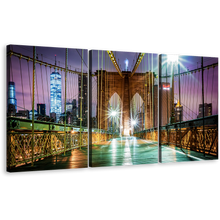 Load image into Gallery viewer, New York Canvas Wall Art, Inside Green Brooklyn Bridge Empty 3 Piece Canvas Set, Purple Sky City Bridge Triptych Canvas Print
