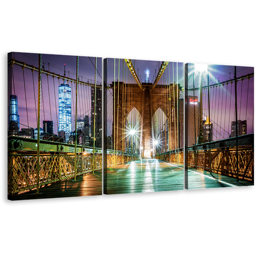 New York Canvas Wall Art, Inside Green Brooklyn Bridge Empty 3 Piece Canvas Set, Purple Sky City Bridge Triptych Canvas Print