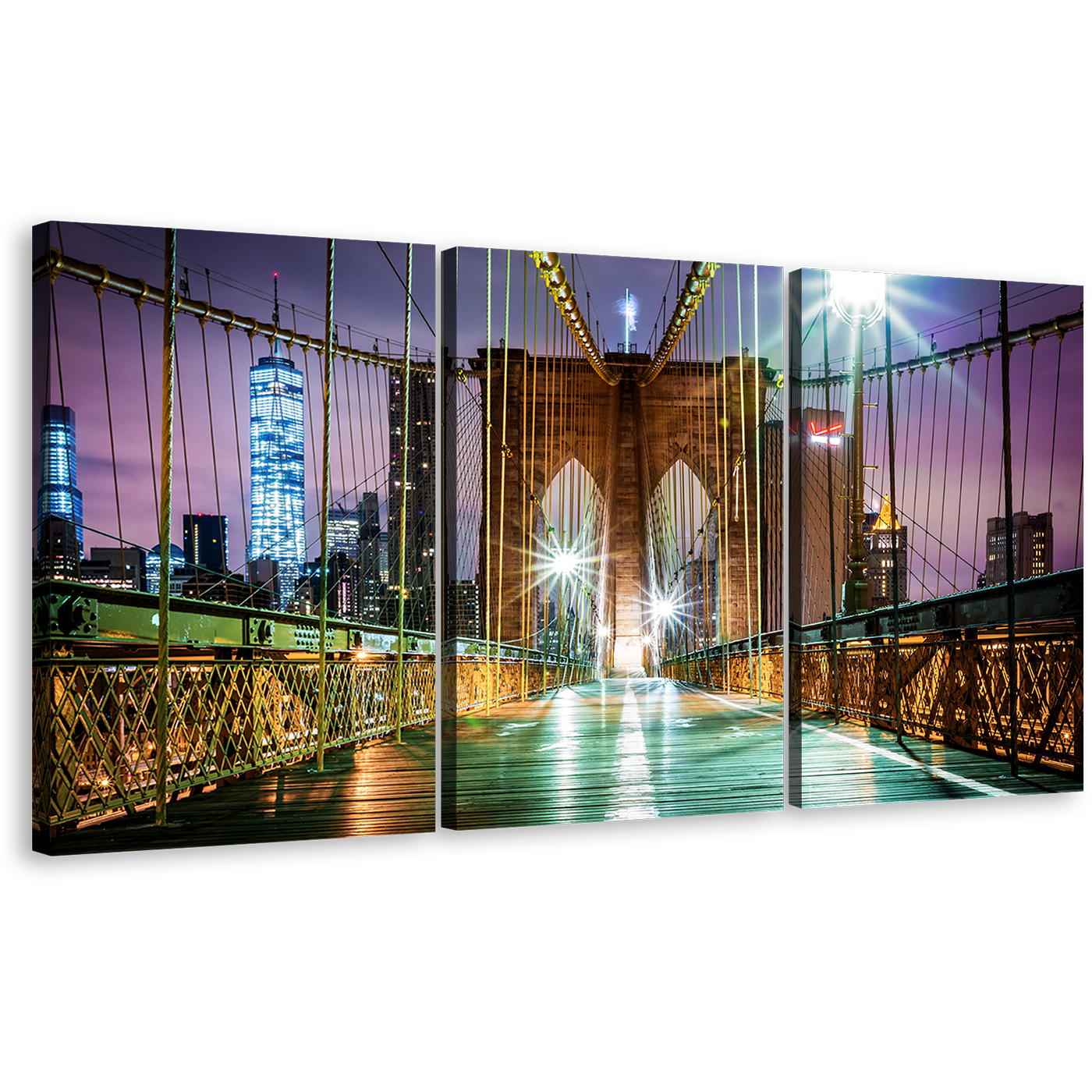 New York Canvas Wall Art, Inside Green Brooklyn Bridge Empty 3 Piece Canvas Set, Purple Sky City Bridge Triptych Canvas Print