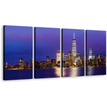 Load image into Gallery viewer, New York Canvas Wall Art, Manhattan Skyline 4 Piece Canvas, Blue Downtown Manhattan at Night Canvas Print, Black New York Cityscape Multiple Canvas
