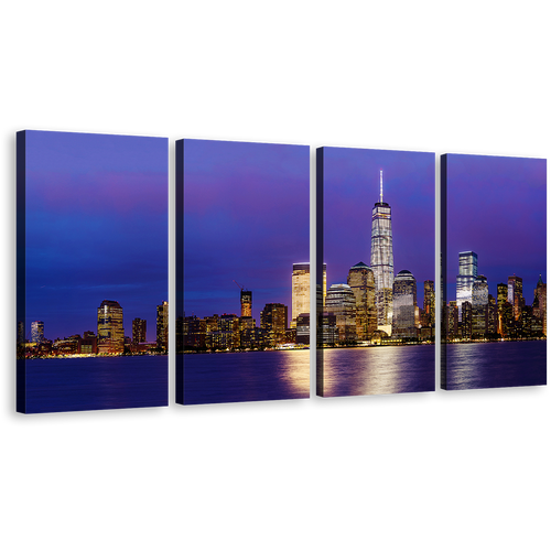 New York Canvas Wall Art, Manhattan Skyline 4 Piece Canvas, Blue Downtown Manhattan at Night Canvas Print, Black New York Cityscape Multiple Canvas