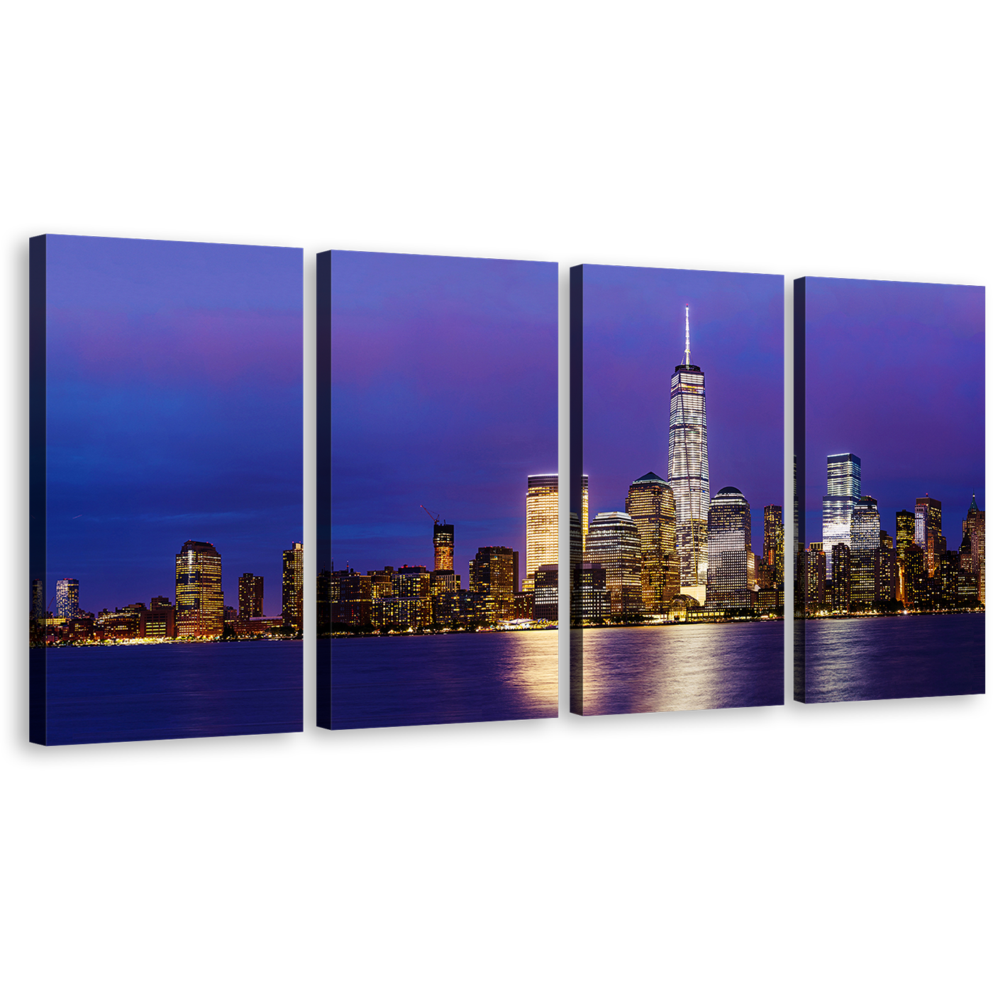 New York Canvas Wall Art, Manhattan Skyline 4 Piece Canvas, Blue Downtown Manhattan at Night Canvas Print, Black New York Cityscape Multiple Canvas