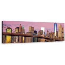 Load image into Gallery viewer, New York Canvas Wall Art, Pink Sky Downtown Manhattan 1 Piece Canvas Artwork, Brown Brooklyn Bridge Canvas Print, NYC Freedom Tower Wide Canvas
