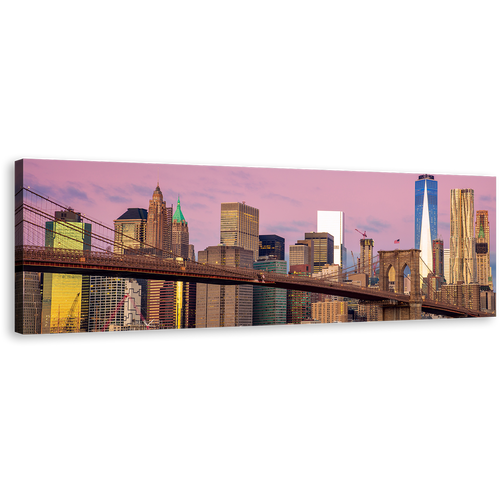 New York Canvas Wall Art, Pink Sky Downtown Manhattan 1 Piece Canvas Artwork, Brown Brooklyn Bridge Canvas Print, NYC Freedom Tower Wide Canvas