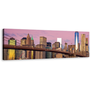 New York Canvas Wall Art, Pink Sky Downtown Manhattan 1 Piece Canvas Artwork, Brown Brooklyn Bridge Canvas Print, NYC Freedom Tower Wide Canvas
