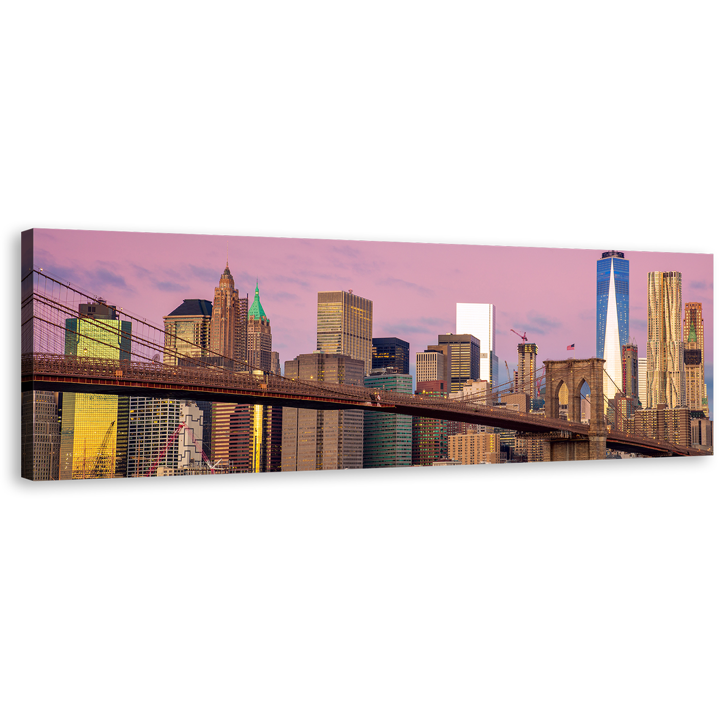 New York Canvas Wall Art, Pink Sky Downtown Manhattan 1 Piece Canvas Artwork, Brown Brooklyn Bridge Canvas Print, NYC Freedom Tower Wide Canvas