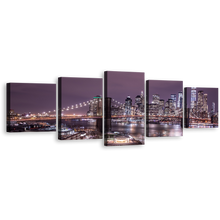 Load image into Gallery viewer, New York Canvas Wall Art, Purple Brooklyn Bridge Multi Canvas Artwork, Purple Sky NYC River Reflection 5 Piece Canvas Print
