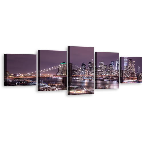 New York Canvas Wall Art, Purple Brooklyn Bridge Multi Canvas Artwork, Purple Sky NYC River Reflection 5 Piece Canvas Print