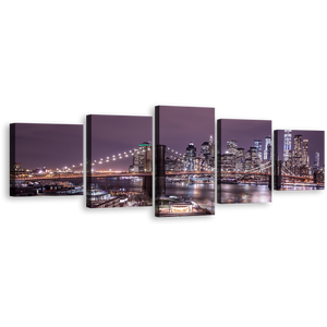 New York Canvas Wall Art, Purple Brooklyn Bridge Multi Canvas Artwork, Purple Sky NYC River Reflection 5 Piece Canvas Print