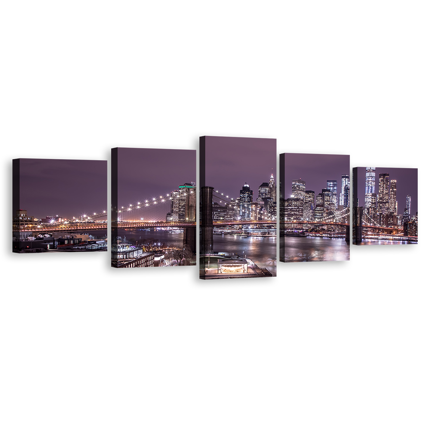 New York Canvas Wall Art, Purple Brooklyn Bridge Multi Canvas Artwork, Purple Sky NYC River Reflection 5 Piece Canvas Print