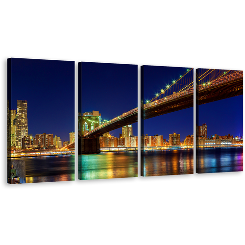 New York Canvas Wall Art, Yellow Brooklyn Bridge Night View Canvas, Blue Sky Manhattan Skyline 4 Piece Canvas Print