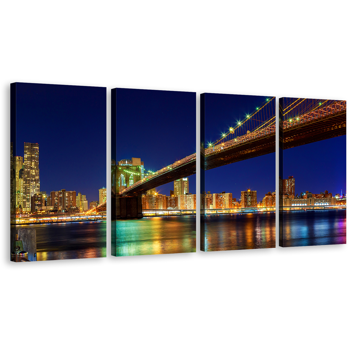 New York Canvas Wall Art, Yellow Brooklyn Bridge Night View Canvas, Blue Sky Manhattan Skyline 4 Piece Canvas Print