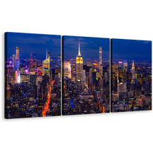 Load image into Gallery viewer, New York Canvas Wall Art, Yellow City Lights Midtown Manhattan 3 Piece Canvas Print, NYC at Blue Night Triptych Multiple Canvas
