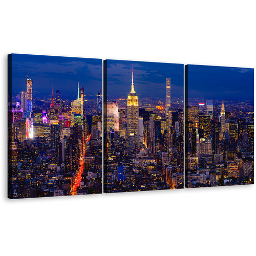 New York Canvas Wall Art, Yellow City Lights Midtown Manhattan 3 Piece Canvas Print, NYC at Blue Night Triptych Multiple Canvas