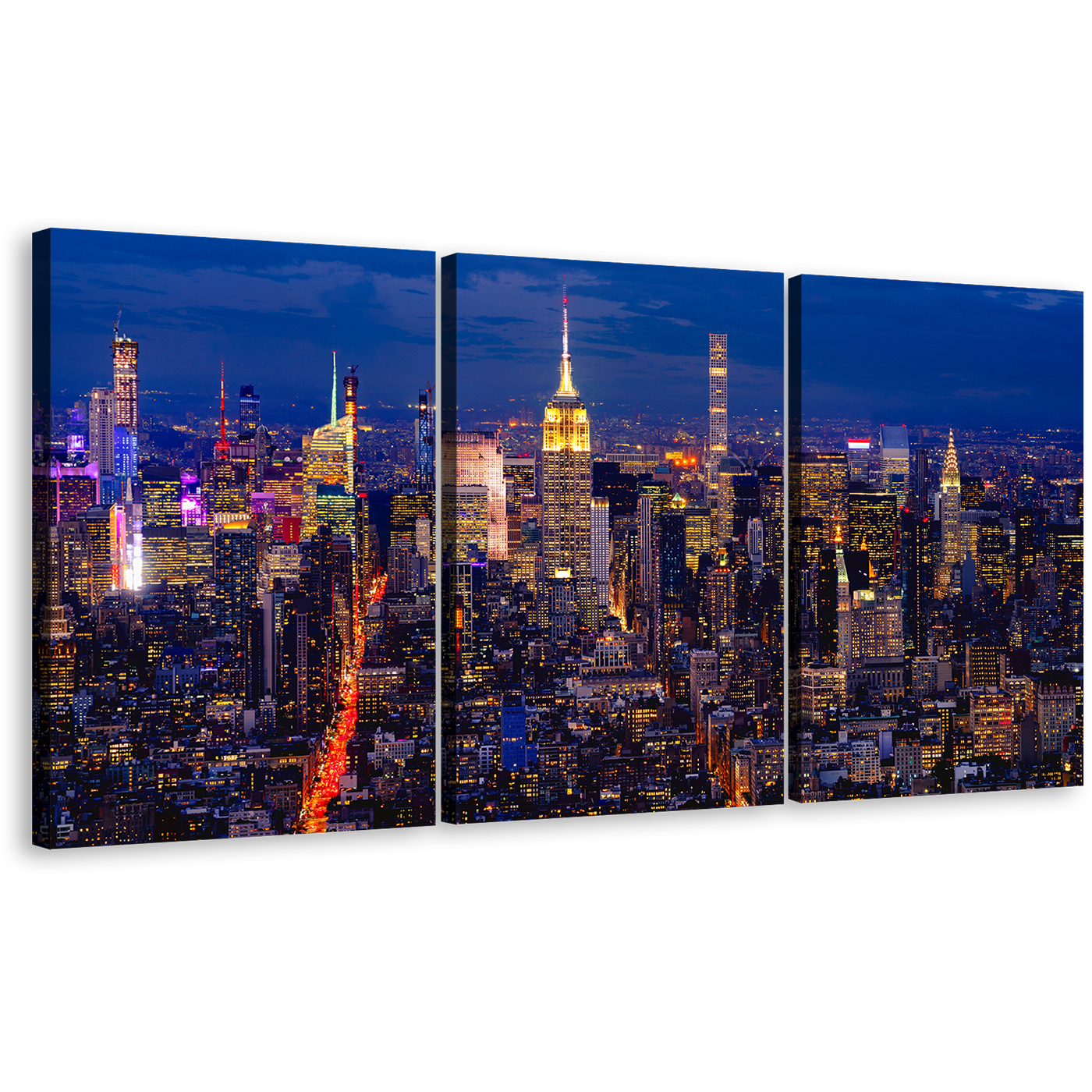 New York Canvas Wall Art, Yellow City Lights Midtown Manhattan 3 Piece Canvas Print, NYC at Blue Night Triptych Multiple Canvas