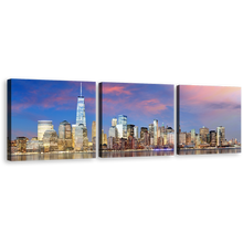 Load image into Gallery viewer, New York Canvas Wall Art, Yellow Manhattan Skyline 3 Piece Canvas, Blue Sky Downtown Manhattan Canvas Print, NYC River Reflection Cityscape Multiple Canvas
