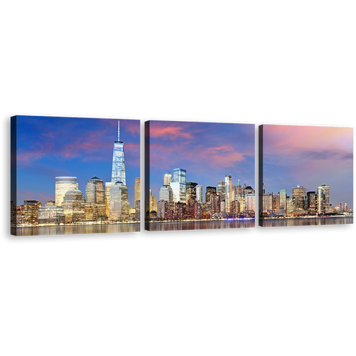 New York Canvas Wall Art, Yellow Manhattan Skyline 3 Piece Canvas, Blue Sky Downtown Manhattan Canvas Print, NYC River Reflection Cityscape Multiple Canvas