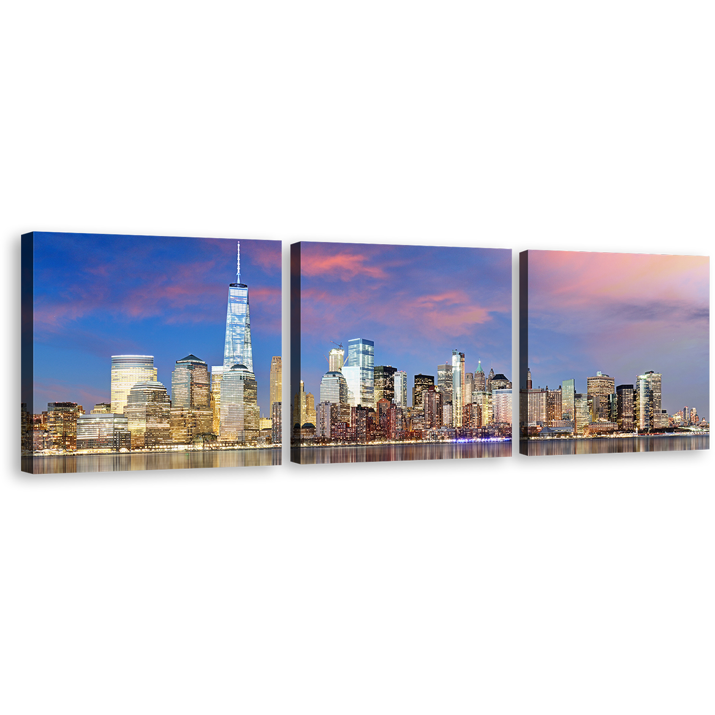 New York Canvas Wall Art, Yellow Manhattan Skyline 3 Piece Canvas, Blue Sky Downtown Manhattan Canvas Print, NYC River Reflection Cityscape Multiple Canvas