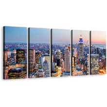 Load image into Gallery viewer, New York City Canvas Print, Blue Midtown Manhattan Cityscape 5 Piece Canvas Wall Art, Yellow Sky Empire State Building Canvas Set
