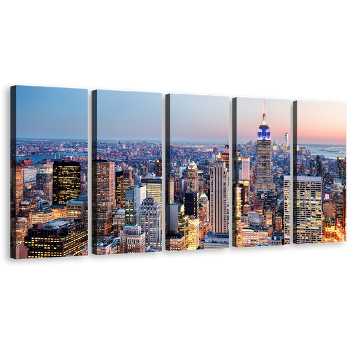 New York City Canvas Print, Blue Midtown Manhattan Cityscape 5 Piece Canvas Wall Art, Yellow Sky Empire State Building Canvas Set