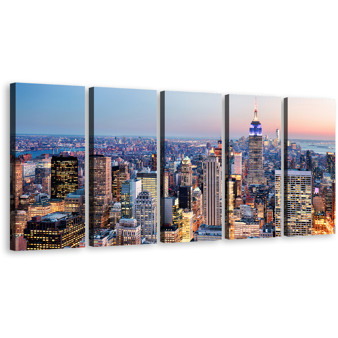 New York City Canvas Print, Blue Midtown Manhattan Cityscape 5 Piece Canvas Wall Art, Yellow Sky Empire State Building Canvas Set