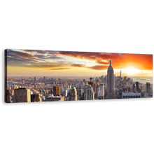 Load image into Gallery viewer, New York City Canvas Print, Dramatic Yellow Cloudy Sky 1 Piece Canvas Wall Art, Grey Manhattan Cityscape Canvas Artwork, Empire State Building Wide Canvas
