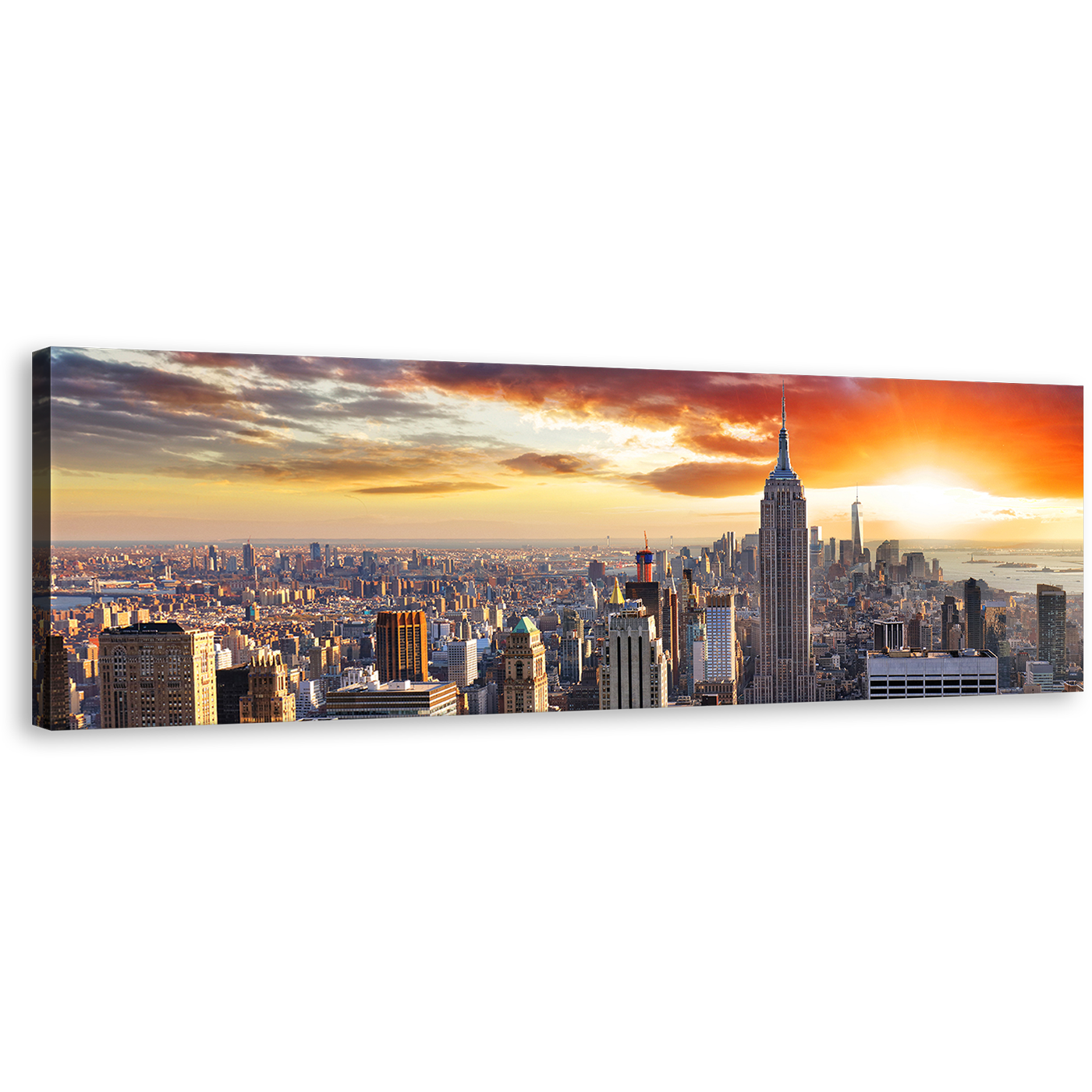 New York City Canvas Print, Dramatic Yellow Cloudy Sky 1 Piece Canvas Wall Art, Grey Manhattan Cityscape Canvas Artwork, Empire State Building Wide Canvas