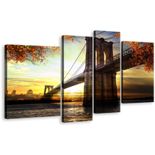 Load image into Gallery viewer, New York City Canvas Wall Art, Dramatic Brown Brooklyn Bridge Canvas Set, Yellow Sunset Sky 4 Piece Canvas Print
