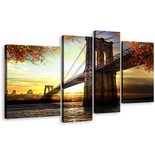 New York City Canvas Wall Art, Dramatic Brown Brooklyn Bridge Canvas Set, Yellow Sunset Sky 4 Piece Canvas Print