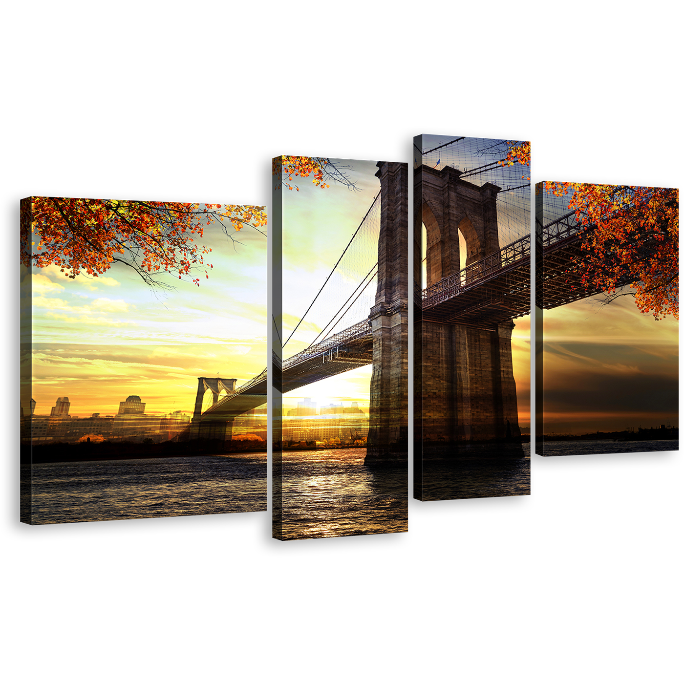 New York City Canvas Wall Art, Dramatic Brown Brooklyn Bridge Canvas Set, Yellow Sunset Sky 4 Piece Canvas Print