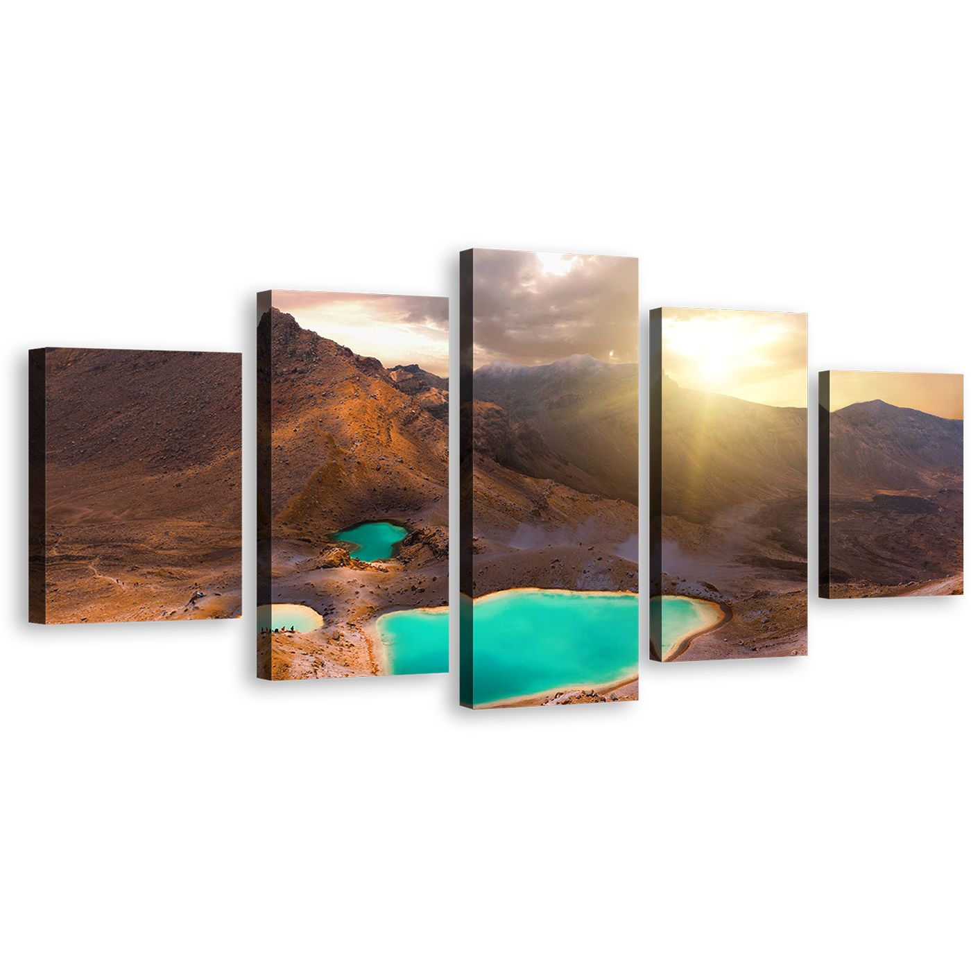 New Zealand Canvas Wall Art, Emerald Lakes 5 Piece Canvas, Tongariro National Park Canvas Print, Tongariro Alpine Crossing Canvas Set, Yellow Mountain Sunrise Multi Canvas