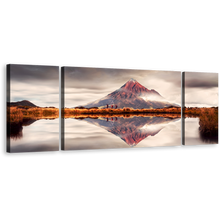 Load image into Gallery viewer, New Zealand Canvas Wall Art, White Sky Mount Taranaki 3 Piece Multiple Canvas, Brown Mountain Lake Reflection Triptych Canvas Print
