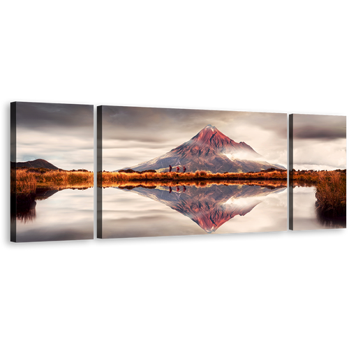 New Zealand Canvas Wall Art, White Sky Mount Taranaki 3 Piece Multiple Canvas, Brown Mountain Lake Reflection Triptych Canvas Print