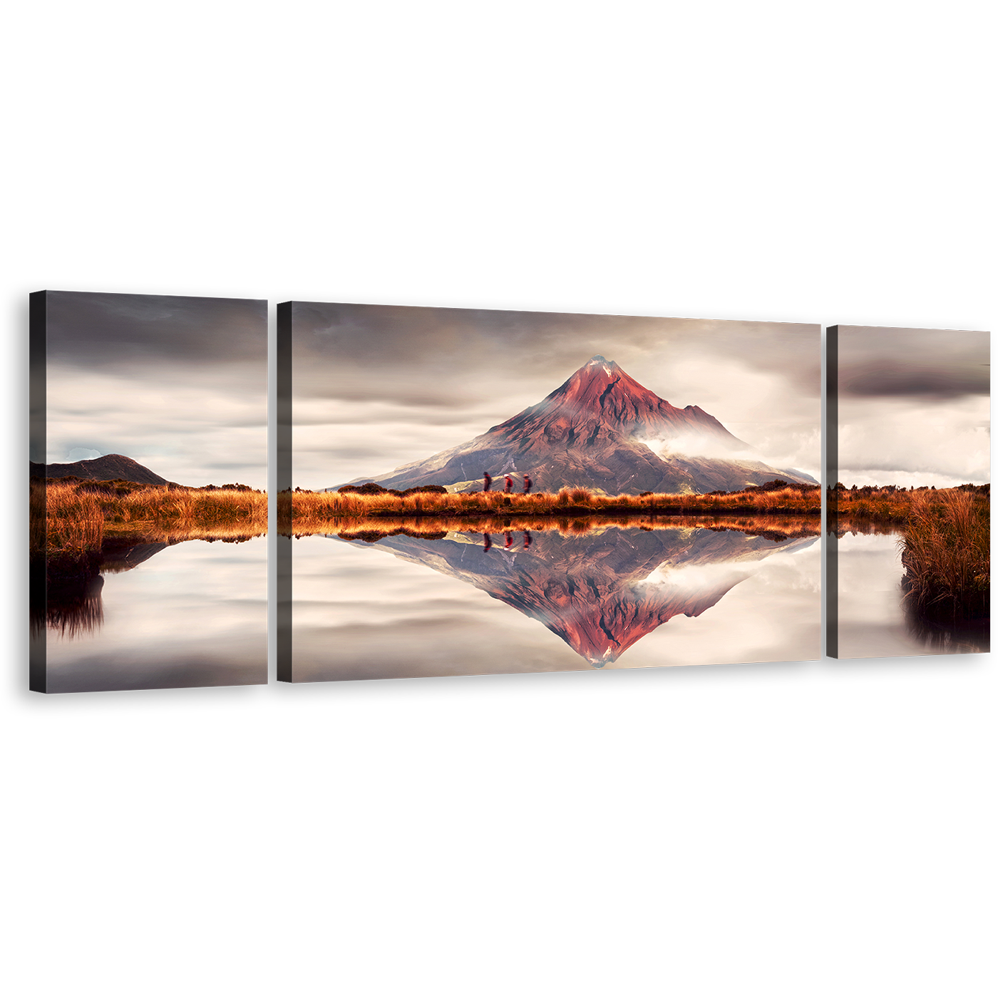 New Zealand Canvas Wall Art, White Sky Mount Taranaki 3 Piece Multiple Canvas, Brown Mountain Lake Reflection Triptych Canvas Print