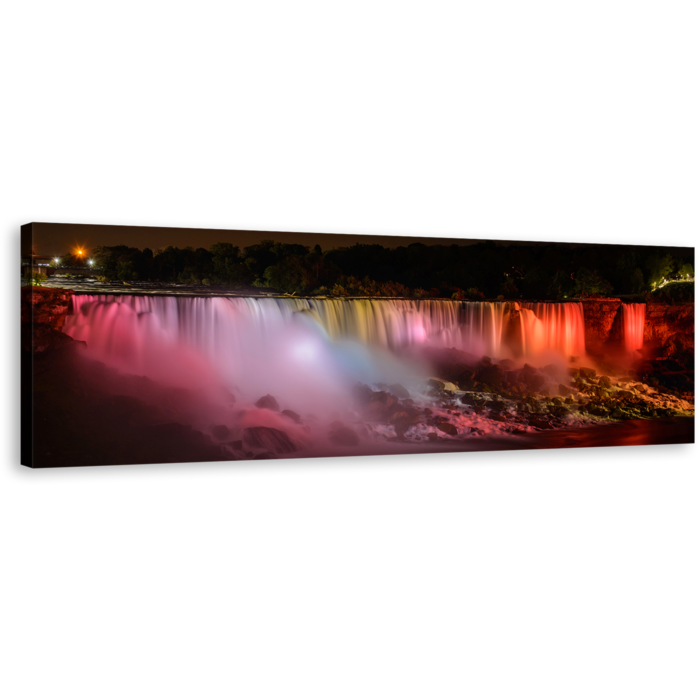 Niagara Falls Wall Art, Red Orange Waterfall at Night Canvas Print, Canada Niagara Falls Lights Panoramic Canvas Art