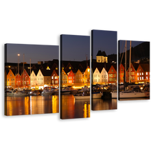 Load image into Gallery viewer, Night Canals Wall Art, Beautiful Grey Bergen Overlook Norway City Canvas Print, Orange Scandinavia Harbor Houses 4 Piece Canvas Set
