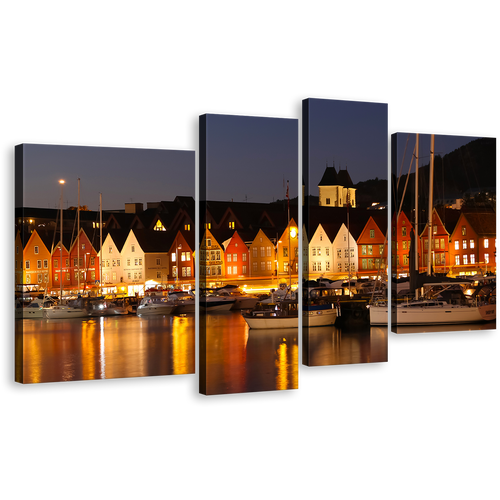 Night Canals Wall Art, Beautiful Grey Bergen Overlook Norway City Canvas Print, Orange Scandinavia Harbor Houses 4 Piece Canvas Set