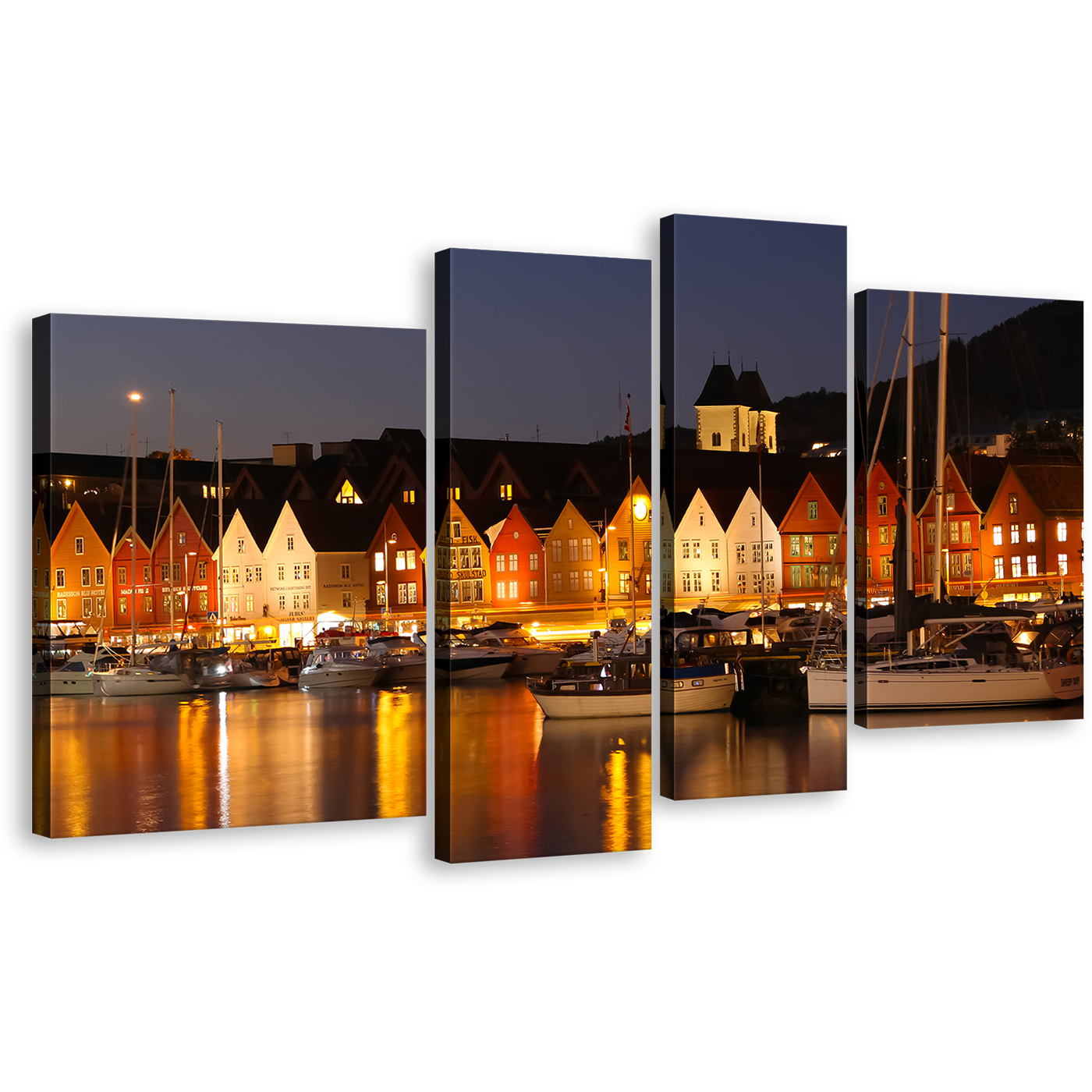 Night Canals Wall Art, Beautiful Grey Bergen Overlook Norway City Canvas Print, Orange Scandinavia Harbor Houses 4 Piece Canvas Set