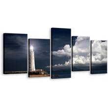 Load image into Gallery viewer, Night Clouds Canvas Wall Art, Grey Ocean Twilight 5 Piece Canvas Print, White Lighthouse Beacon Canvas Set
