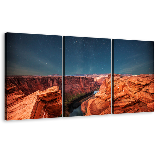 Night Desert Canvas Print, Blue Starry Desert Sky 3 Piece Wall Art, Orange Grand Canyon at Night Vista Multi Canvas