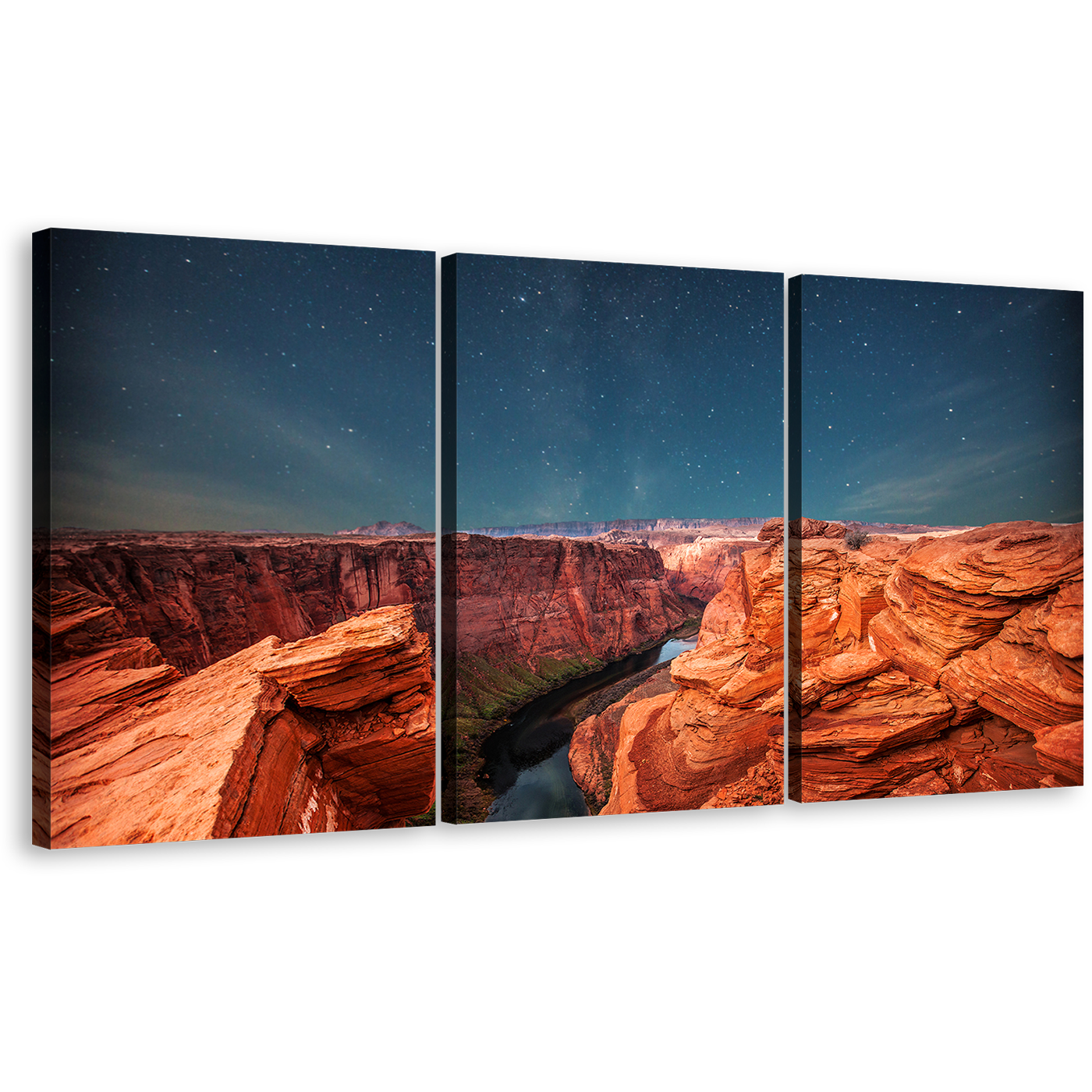 Night Desert Canvas Print, Blue Starry Desert Sky 3 Piece Wall Art, Orange Grand Canyon at Night Vista Multi Canvas