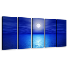 Load image into Gallery viewer, Night Ocean Canvas Wall Art, White Full Moon Multi Canvas, Blue Calm Sky 5 Piece Canvas Print
