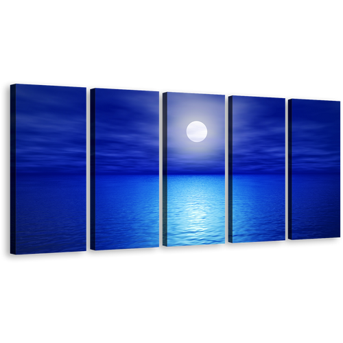 Night Ocean Canvas Wall Art, White Full Moon Multi Canvas, Blue Calm Sky 5 Piece Canvas Print