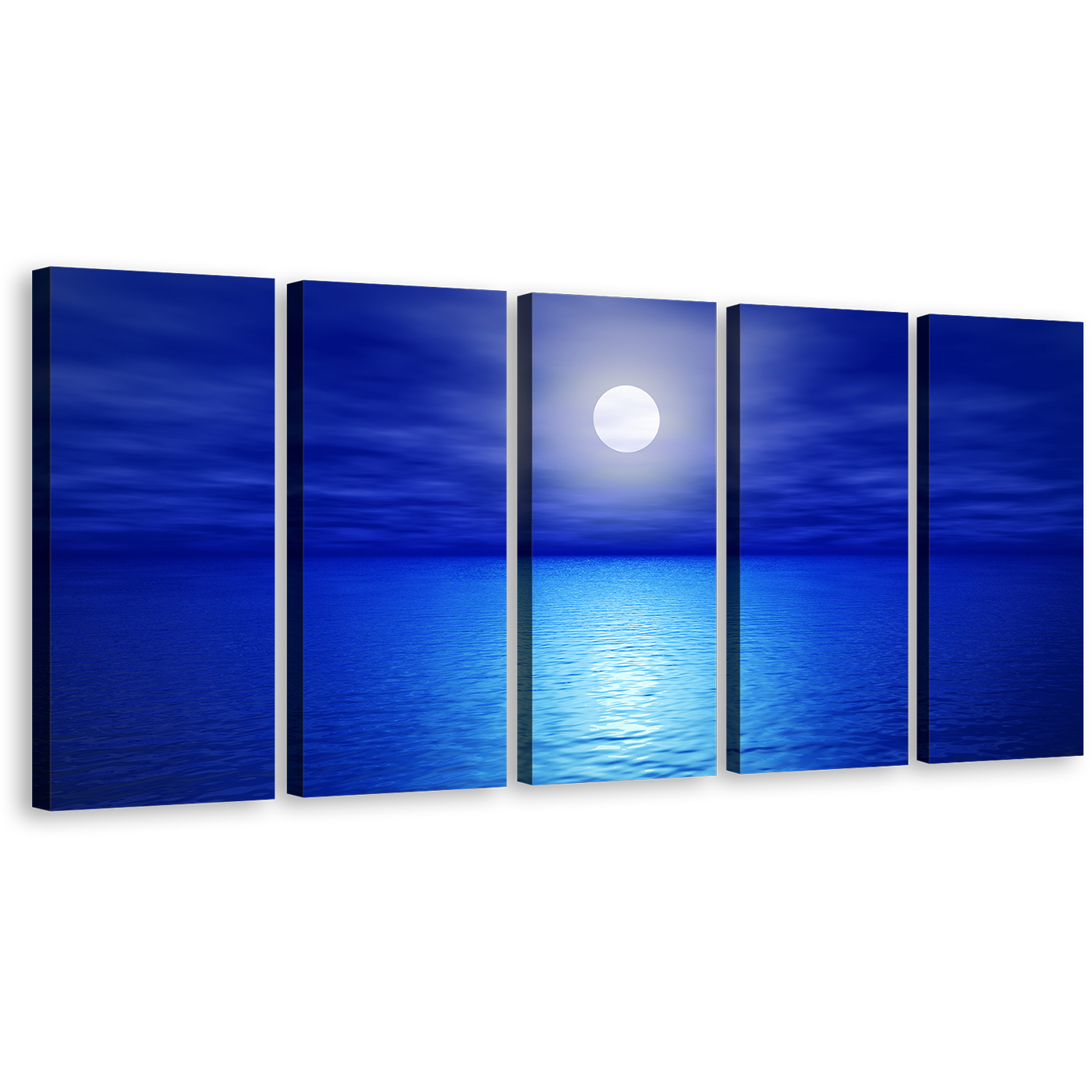 Night Ocean Canvas Wall Art, White Full Moon Multi Canvas, Blue Calm Sky 5 Piece Canvas Print