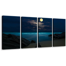 Load image into Gallery viewer, Night Ocean Canvas Wall Art, Yellow Moon Ocean 4 Piece Canvas Set, Brown Rock Ocean Beach Canvas Print
