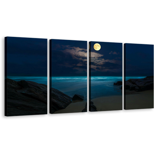 Night Ocean Canvas Wall Art, Yellow Moon Ocean 4 Piece Canvas Set, Brown Rock Ocean Beach Canvas Print