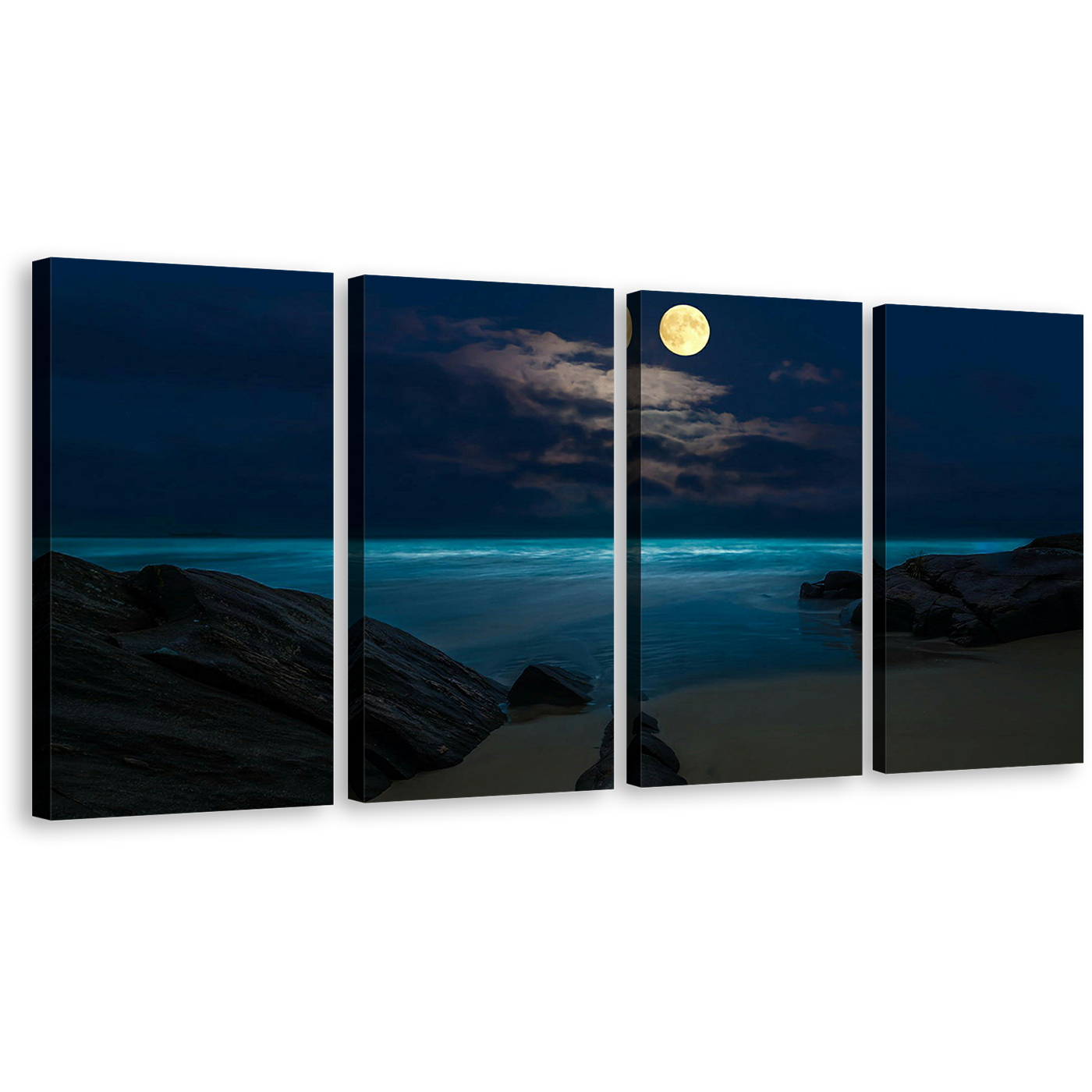 Night Ocean Canvas Wall Art, Yellow Moon Ocean 4 Piece Canvas Set, Brown Rock Ocean Beach Canvas Print