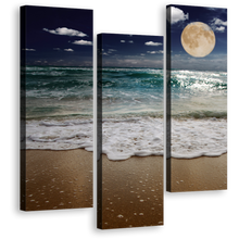 Load image into Gallery viewer, Night Sky Canvas Print, Green Sea Beach Sand 3 Piece Multiple Canvas, Blue Evening Full Moon Waves Wall Art
