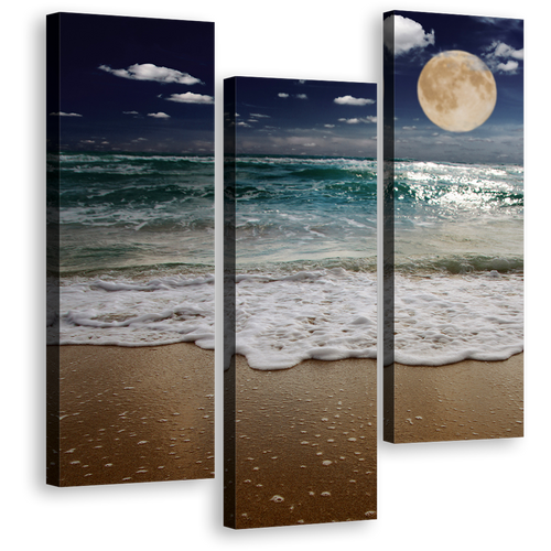 Night Sky Canvas Print, Green Sea Beach Sand 3 Piece Multiple Canvas, Blue Evening Full Moon Waves Wall Art